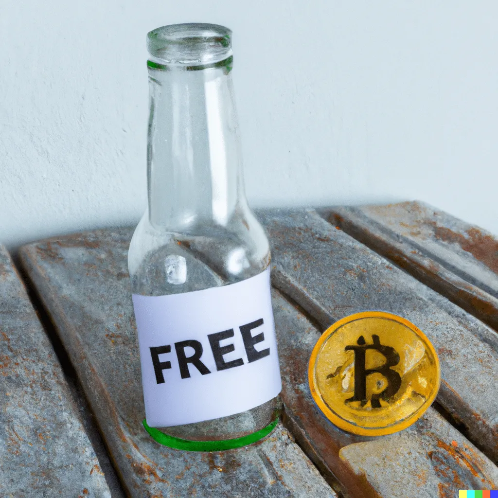 DALL·E 2023-01-30 11.50.46 - an empty beer bottle with a sticker on it that says _free_ sitting next to a bitcoin.png